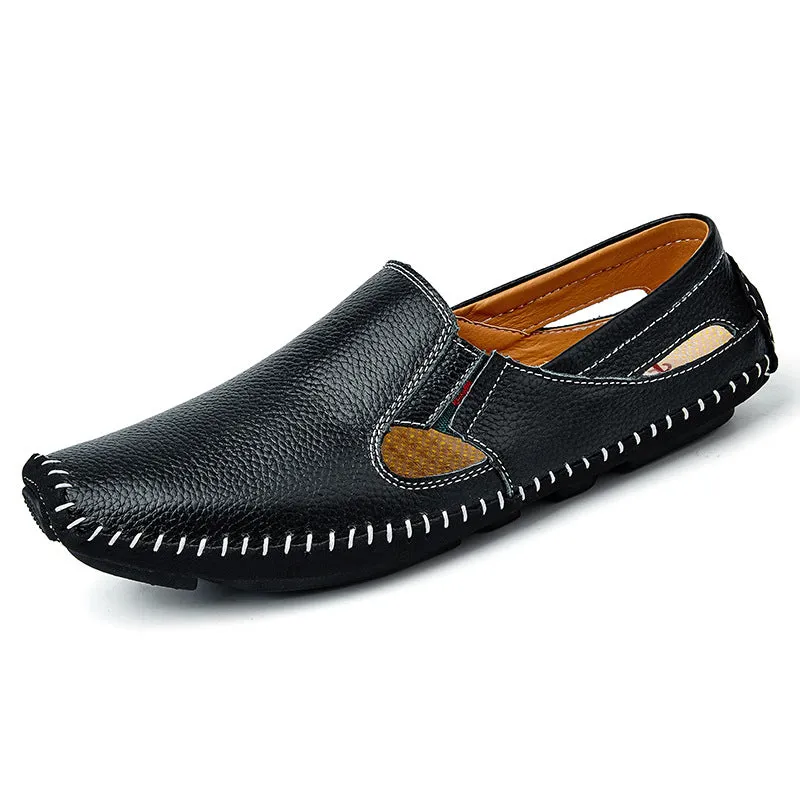 Loafers Mens Leather Handmade Hole Casual Shoes Black Loafers
