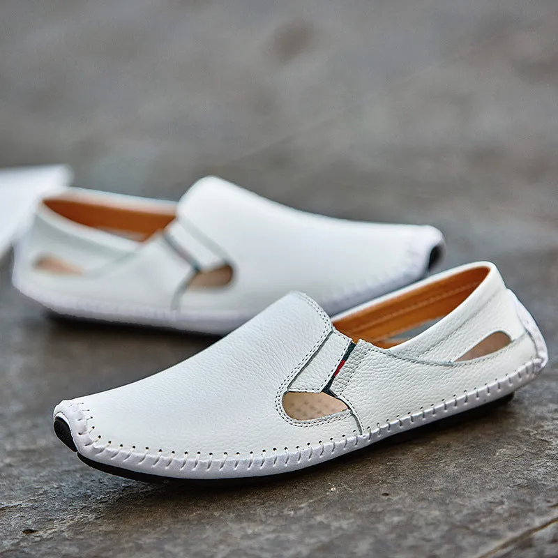 Loafers Mens Leather Handmade Hole Casual Shoes Black Loafers
