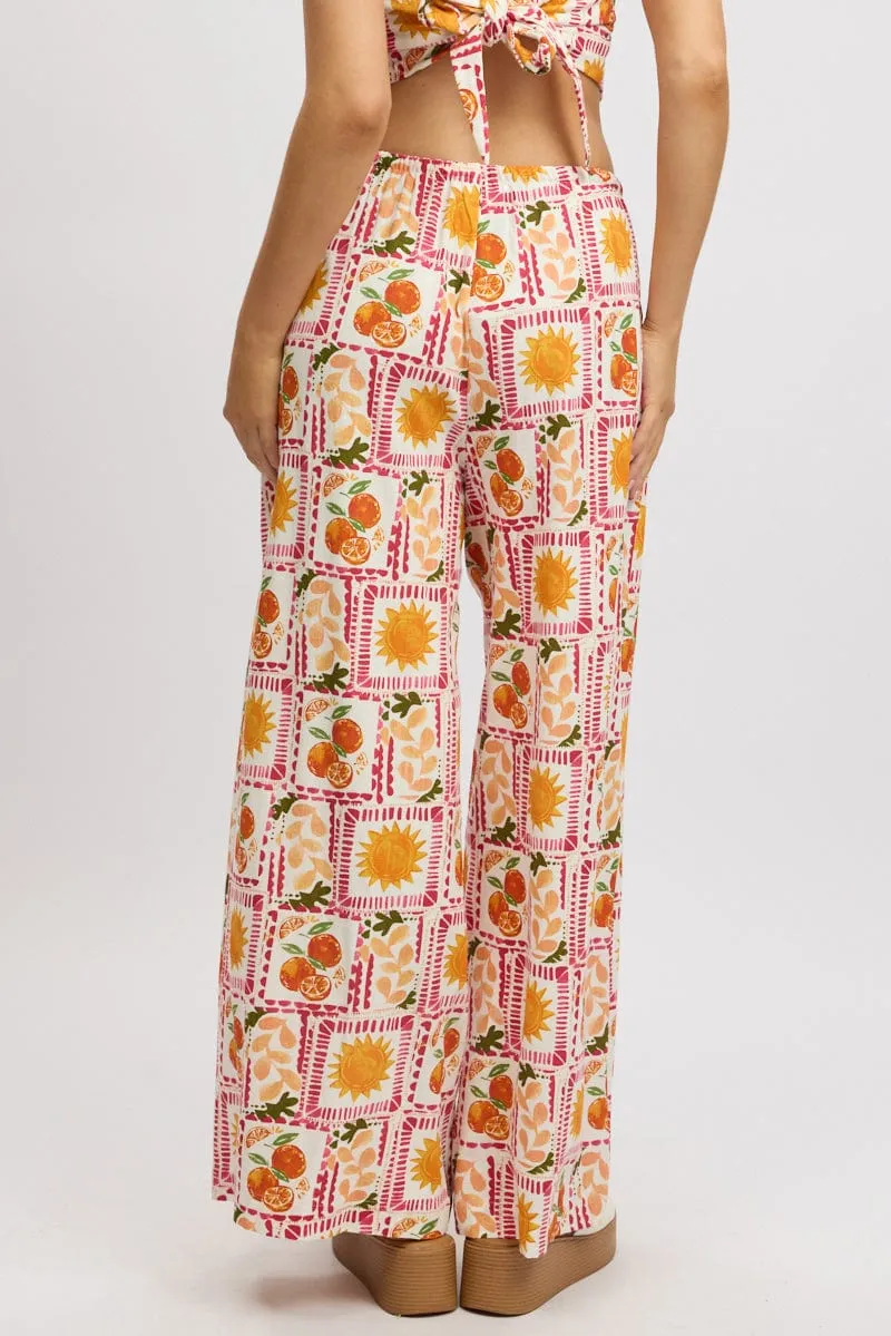 Multi Abstract Wide Leg Pants High Rise