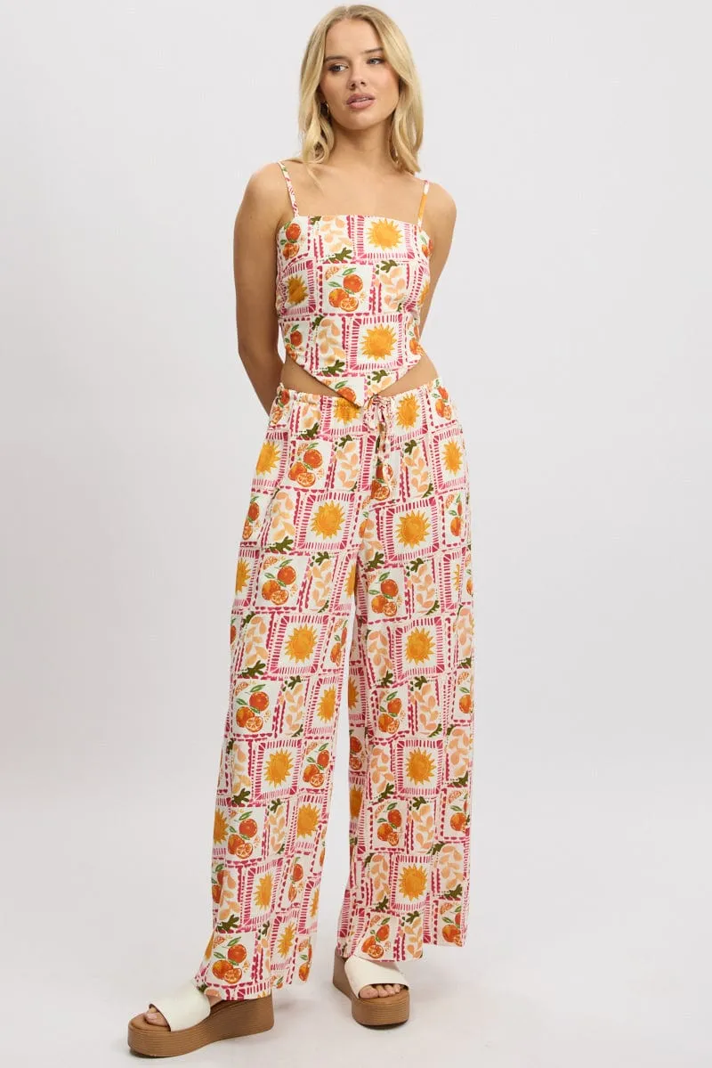 Multi Abstract Wide Leg Pants High Rise