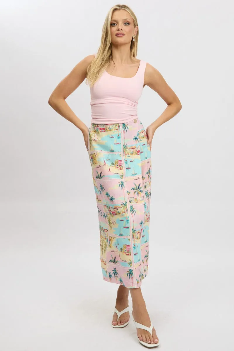 Multi Abstract Wrap Skirt High Waisted Midaxi