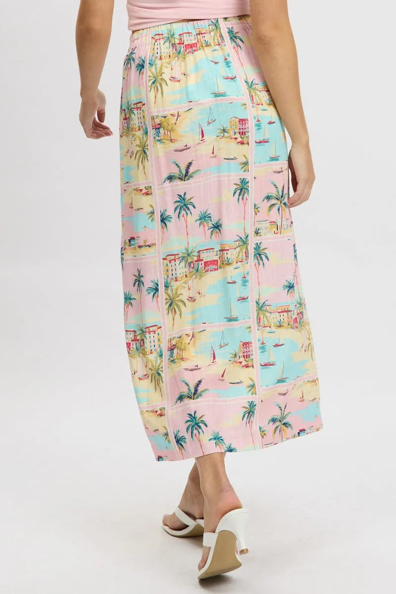 Multi Abstract Wrap Skirt High Waisted Midaxi