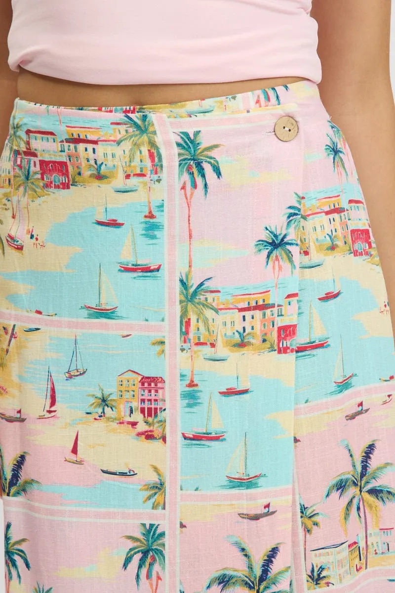 Multi Abstract Wrap Skirt High Waisted Midaxi