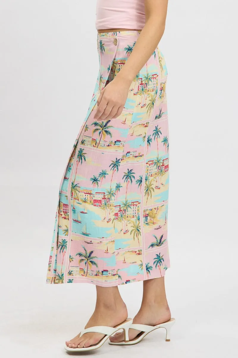 Multi Abstract Wrap Skirt High Waisted Midaxi