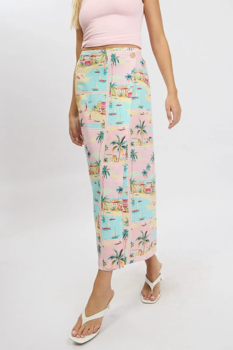 Multi Abstract Wrap Skirt High Waisted Midaxi