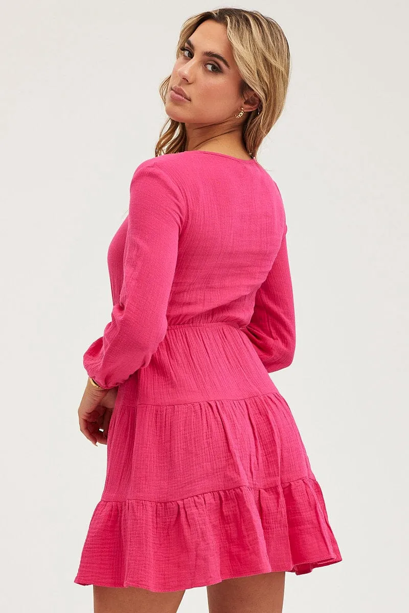 Pink Skater Dress Long Sleeve Mini