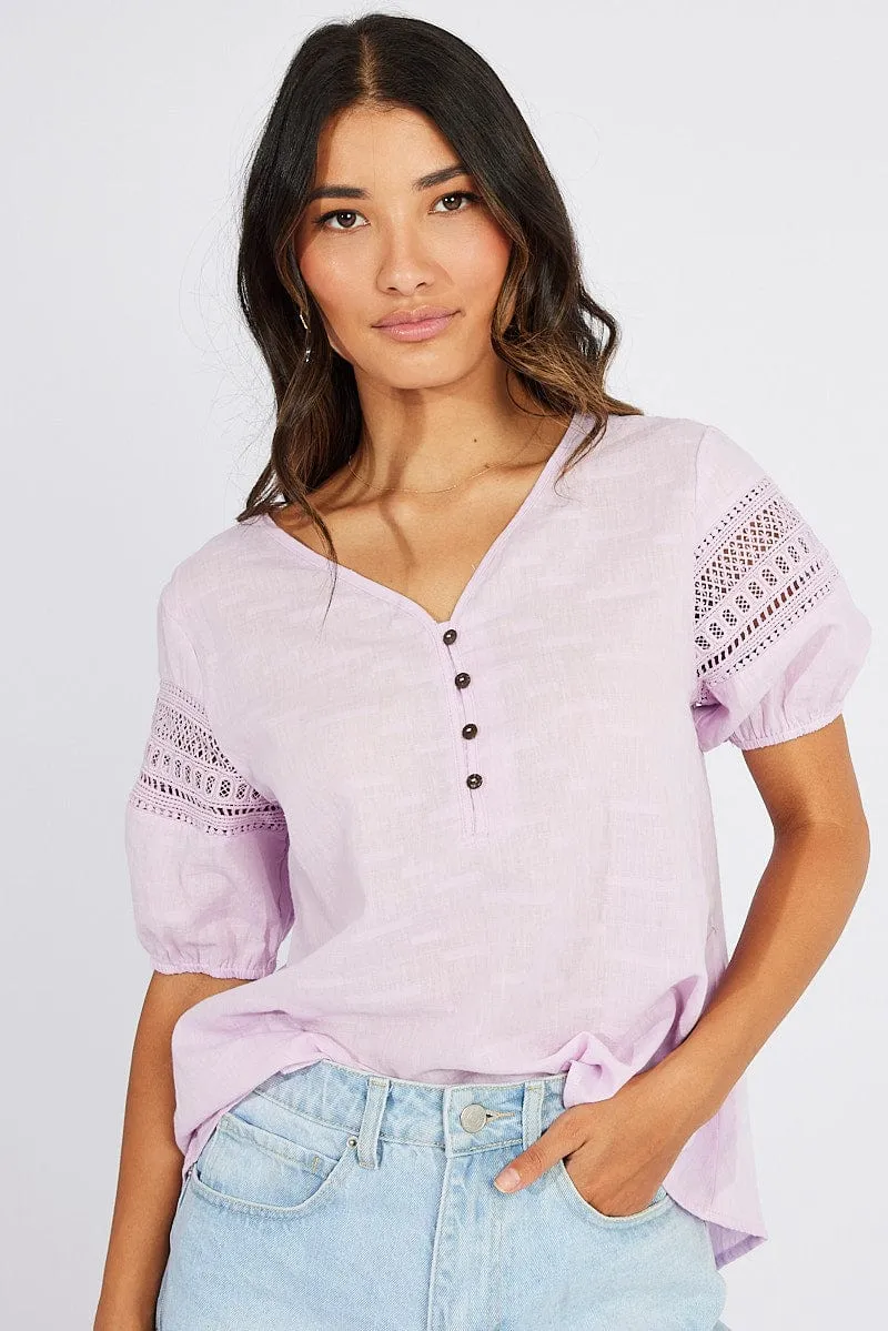 Purple Top lace details sleeve texture cotton