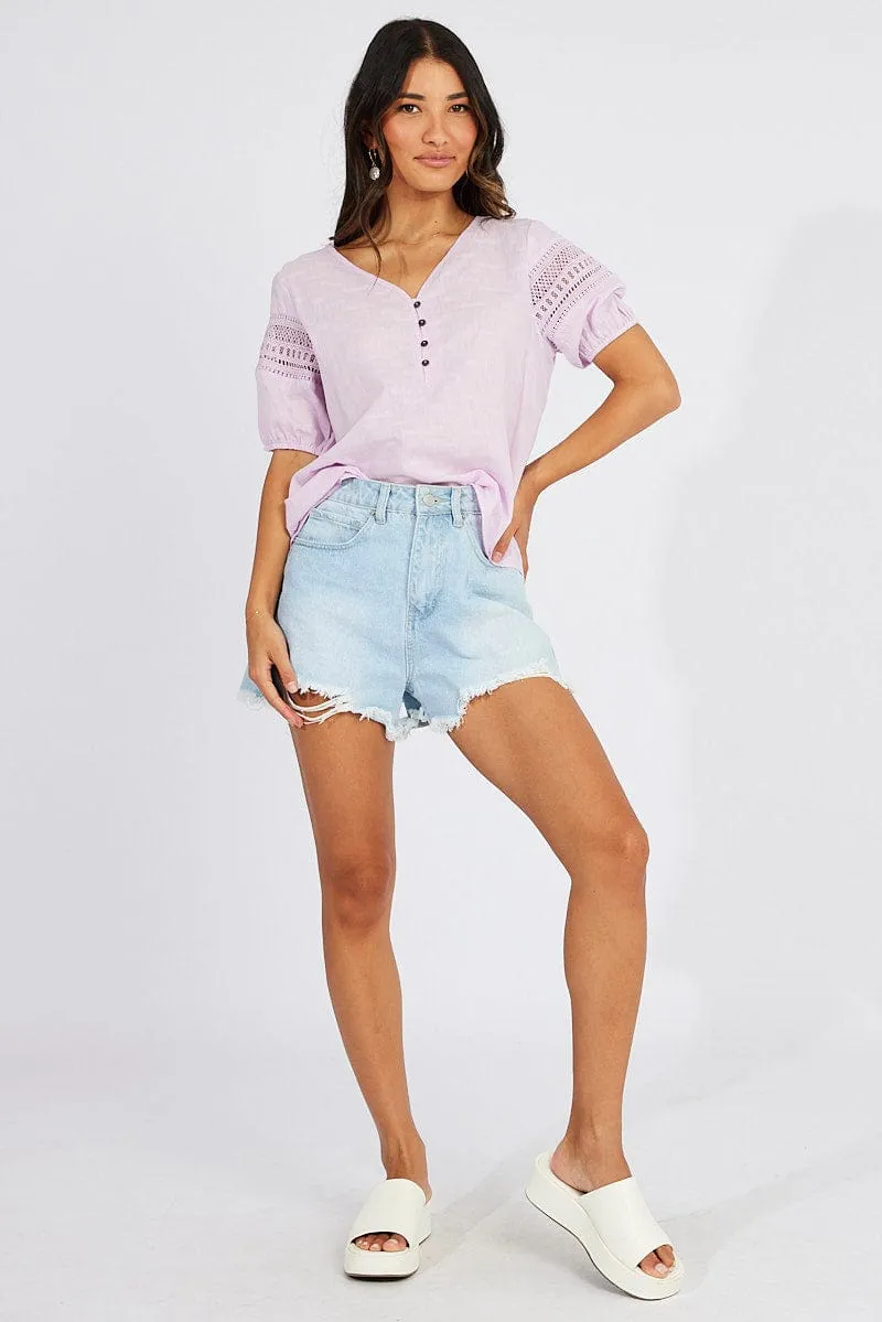 Purple Top lace details sleeve texture cotton