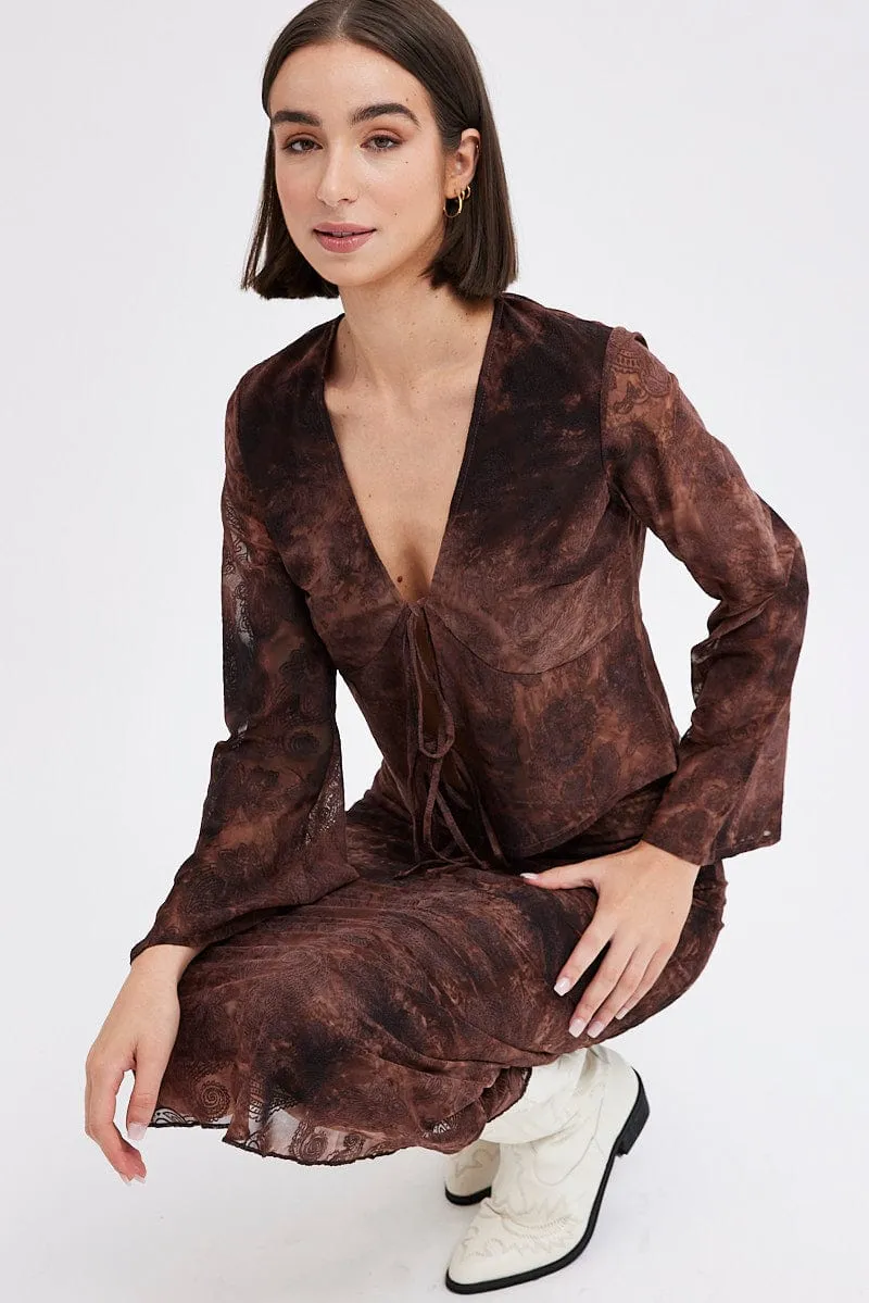 Red Paisley Tie Front Top Long Sleeve V Neck Mesh Flocked