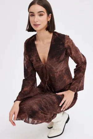Red Paisley Tie Front Top Long Sleeve V Neck Mesh Flocked
