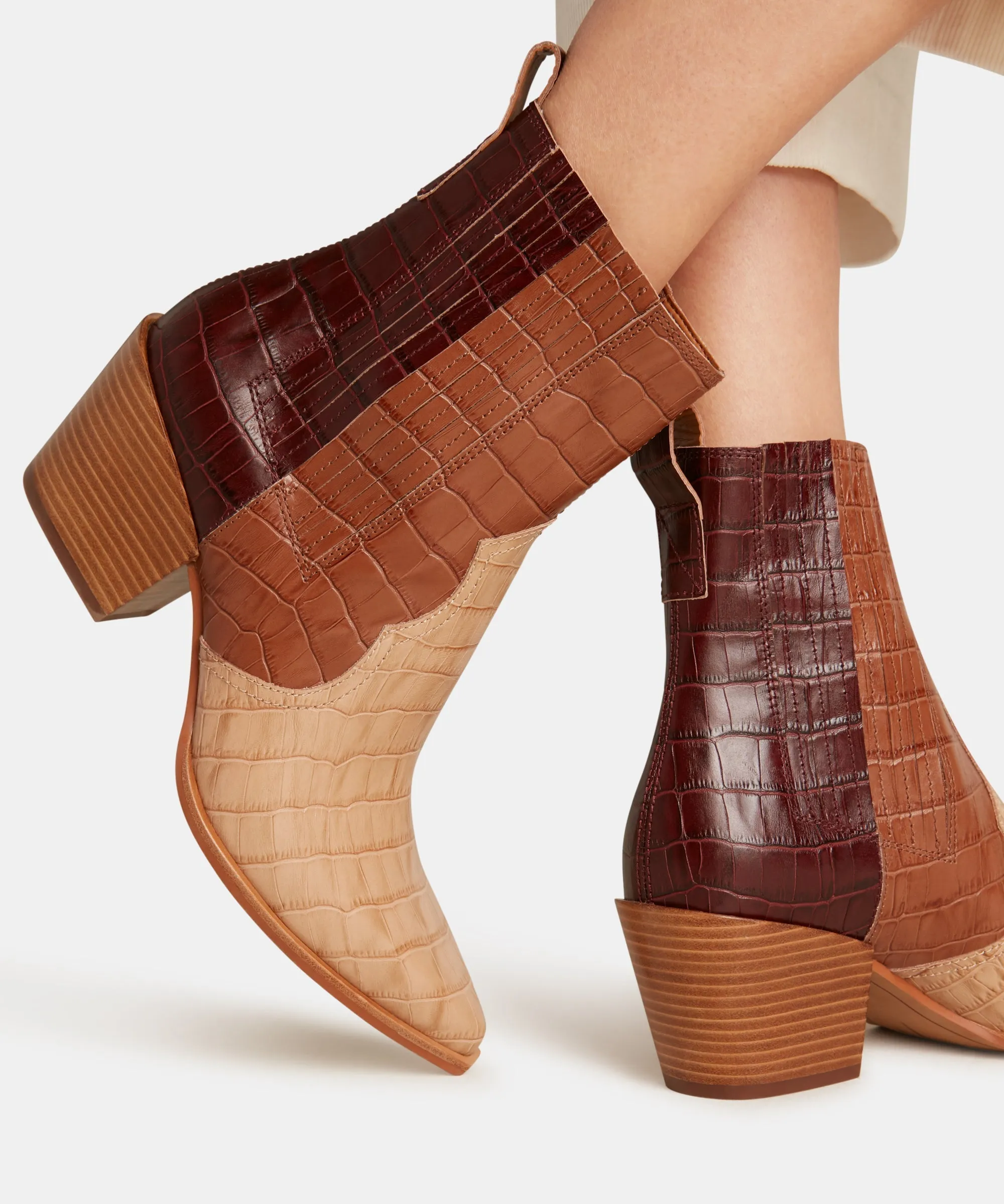 SERNA BOOTIES BROWN MULTI CROCO PRINT LEATHER - re:vita