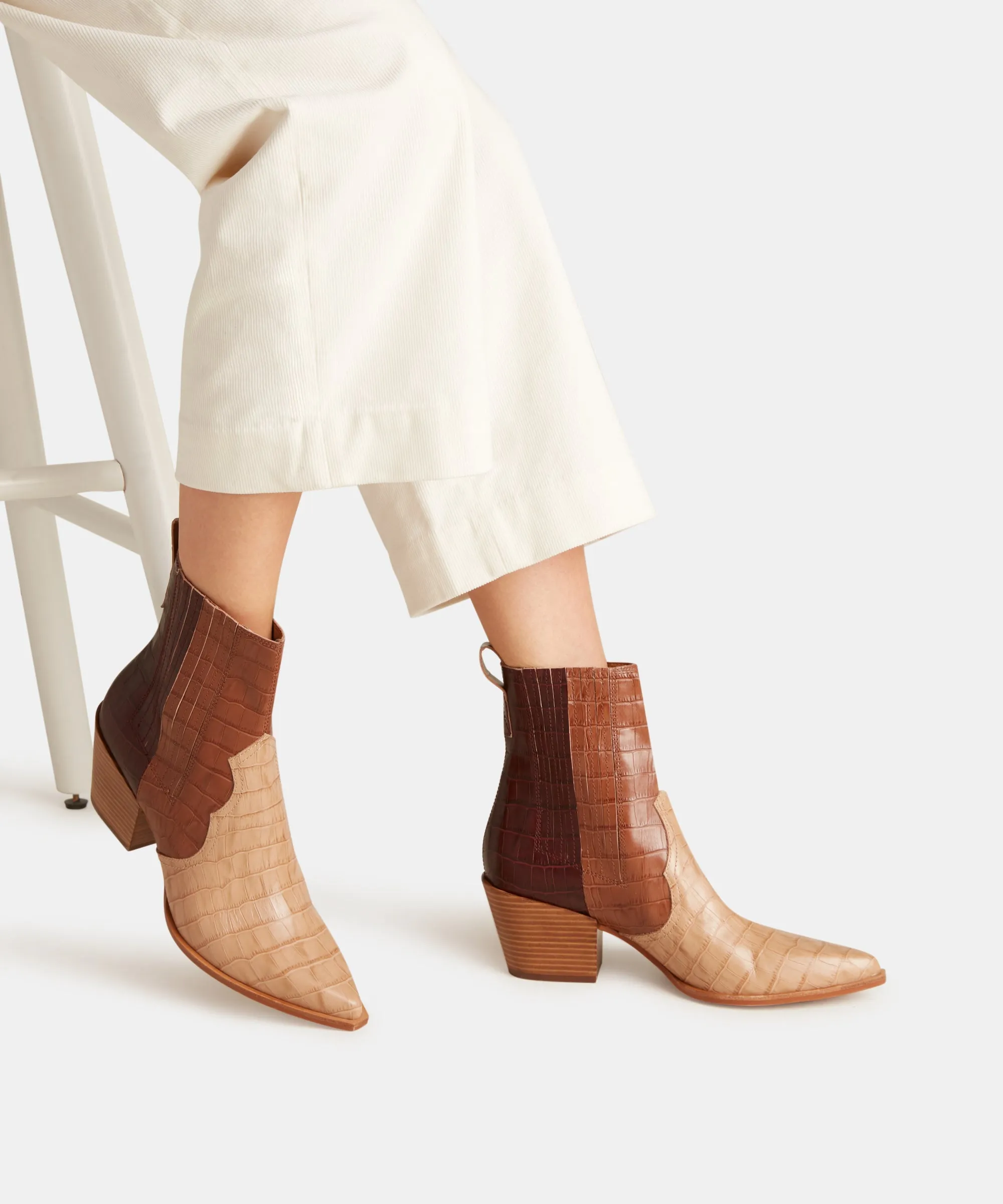 SERNA BOOTIES BROWN MULTI CROCO PRINT LEATHER - re:vita