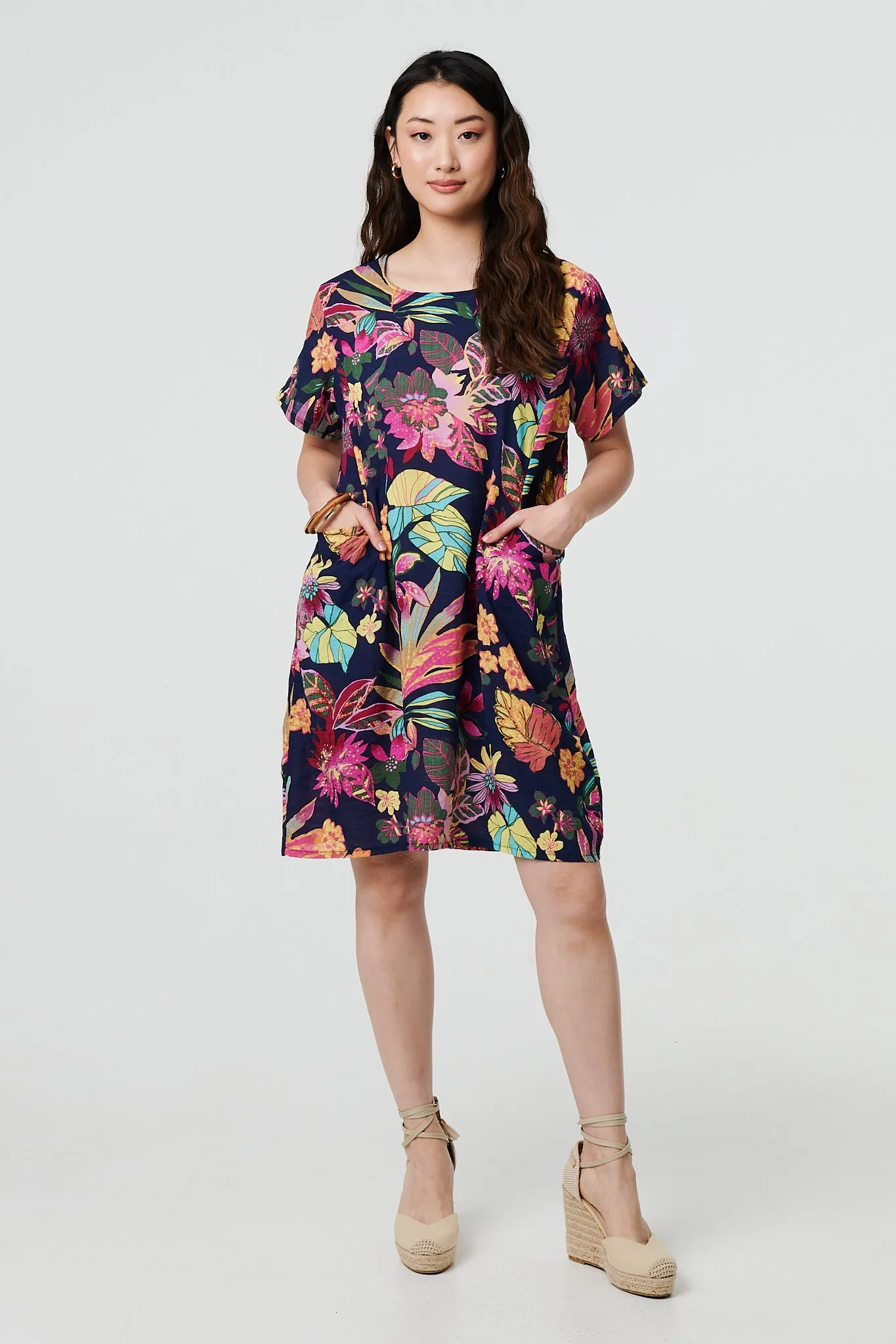 Tropical Print Knee Length Shift Dress