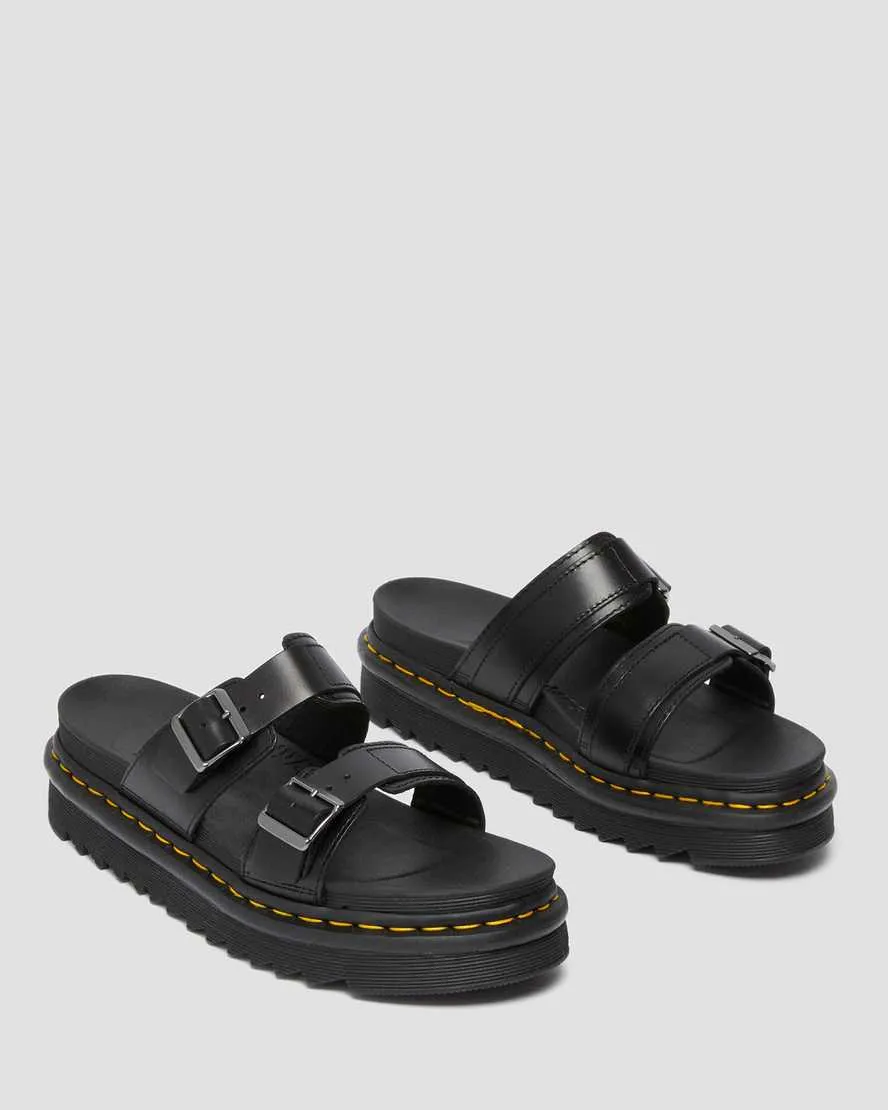 Unisex Myles Brando Leather Buckle Slide Sandals Black