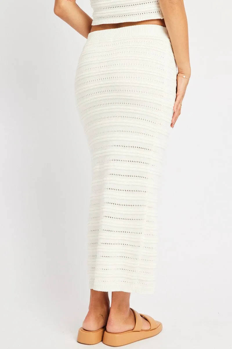White Crochet Skirt High Rise Elastic Waistband Midi