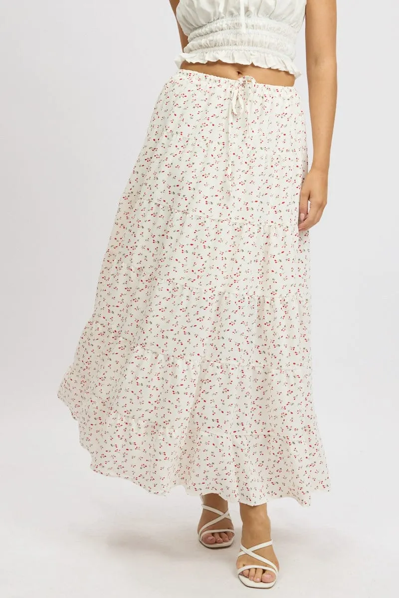 White Ditsy Maxi Skirt Tiered High Rise