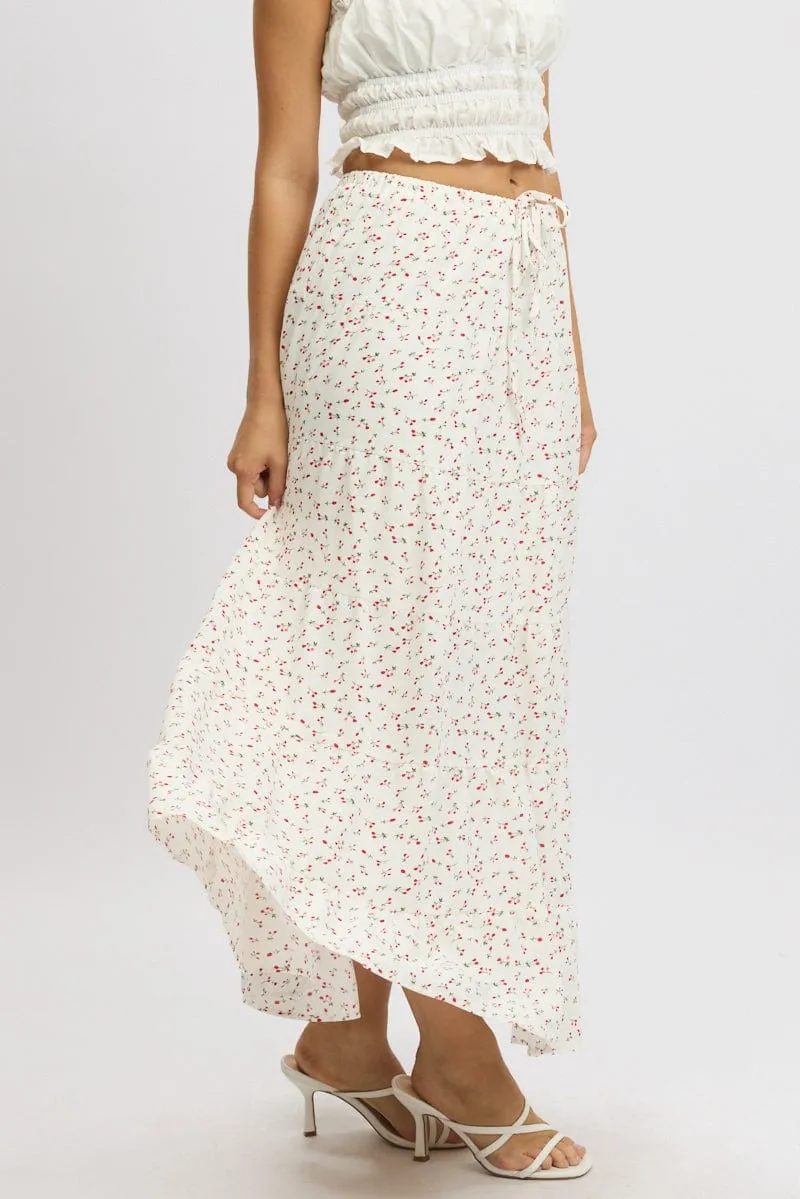 White Ditsy Maxi Skirt Tiered High Rise