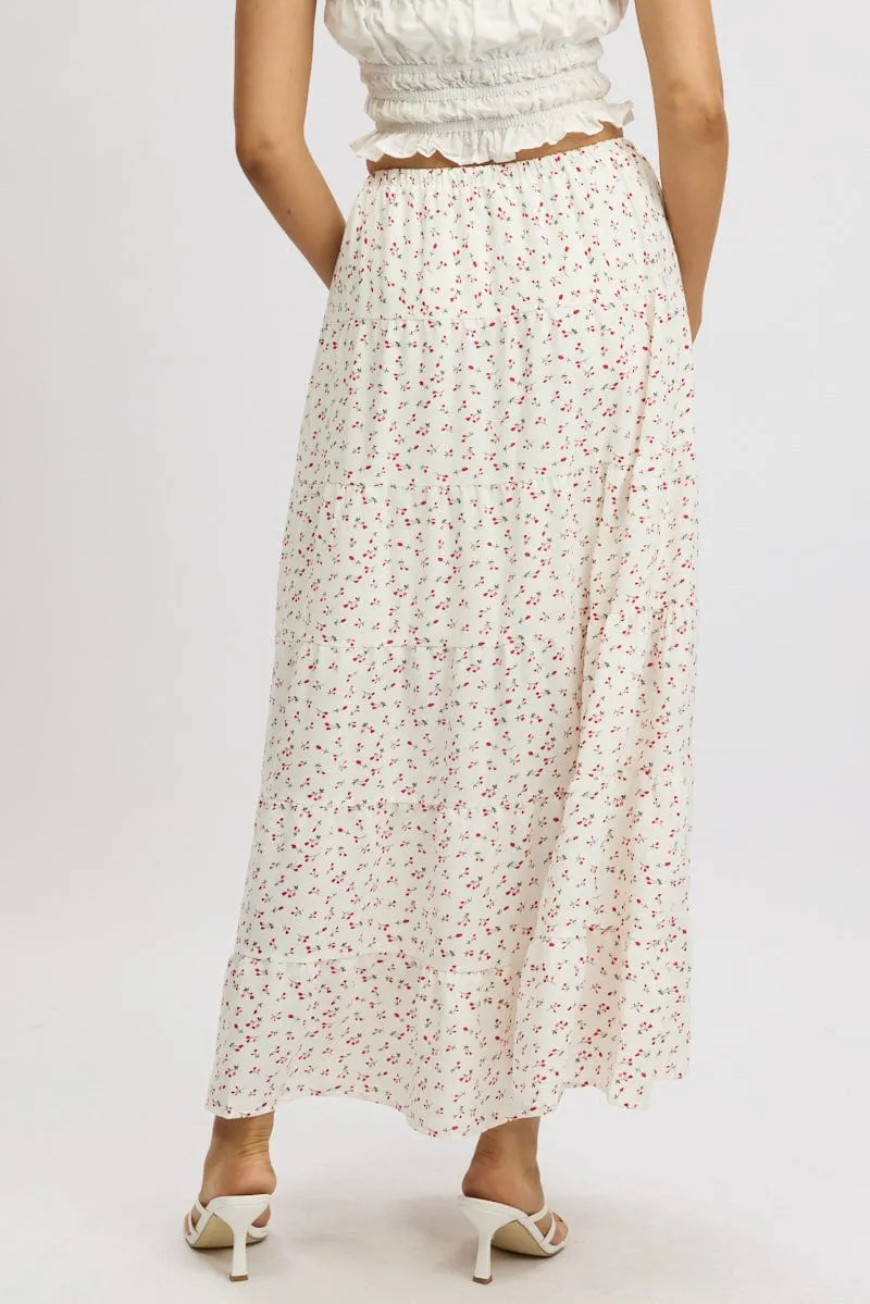 White Ditsy Maxi Skirt Tiered High Rise