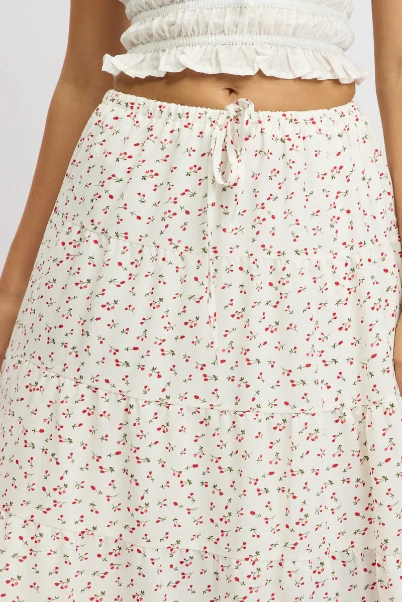 White Ditsy Maxi Skirt Tiered High Rise