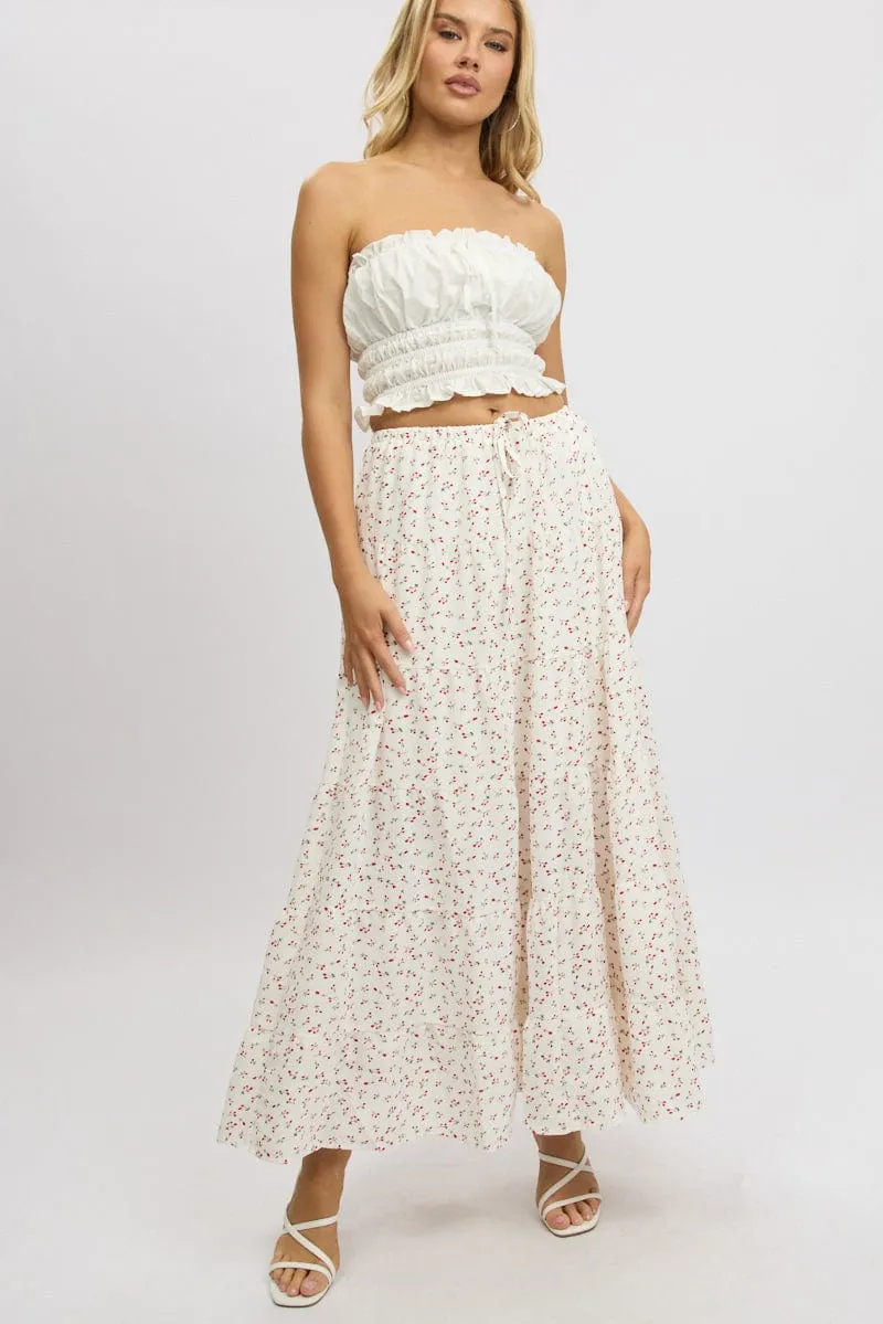 White Ditsy Maxi Skirt Tiered High Rise