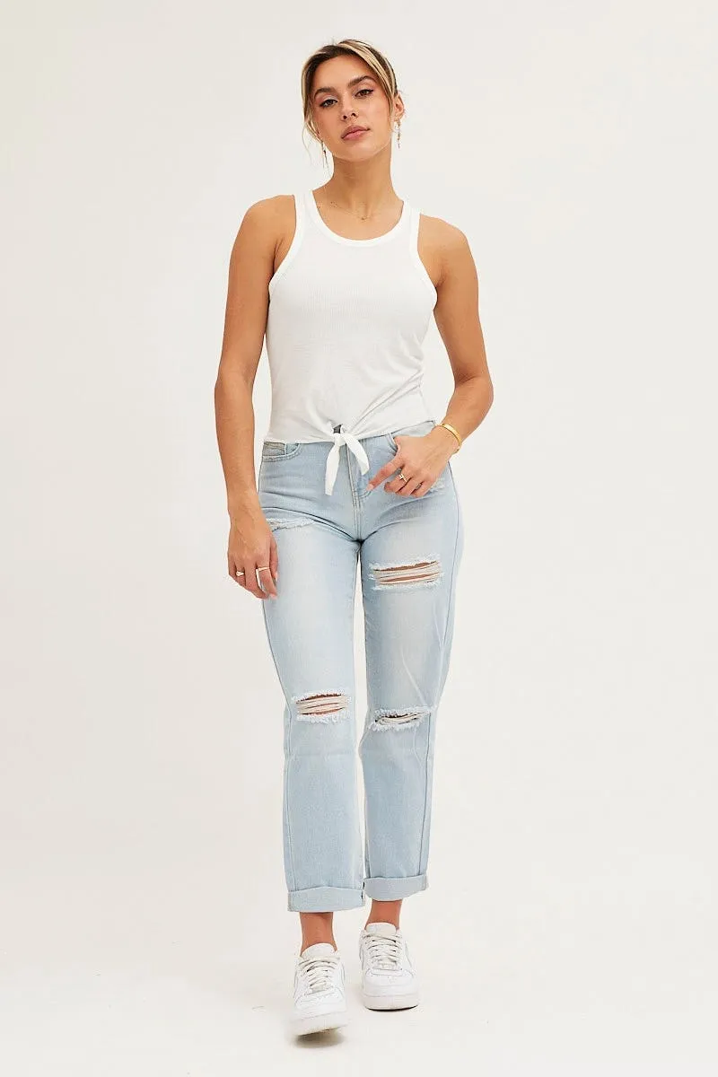 White Rib Knot Front Tank Top