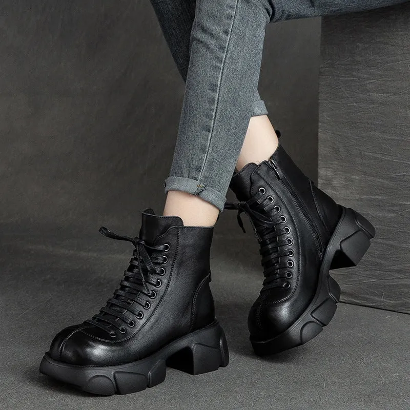 Women Retro Platform Fleece Lining Leather Short Boots