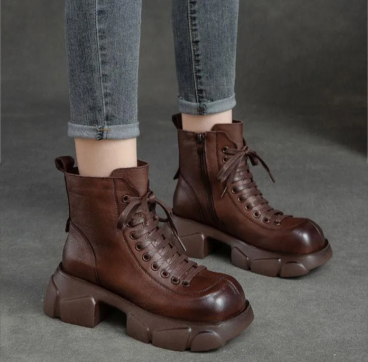 Women Retro Platform Fleece Lining Leather Short Boots
