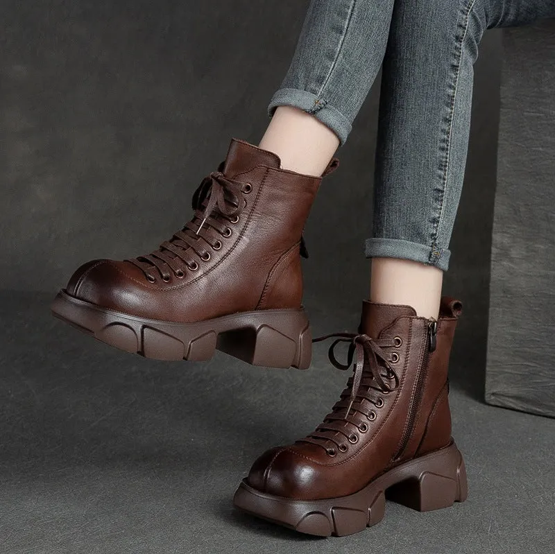 Women Retro Platform Fleece Lining Leather Short Boots