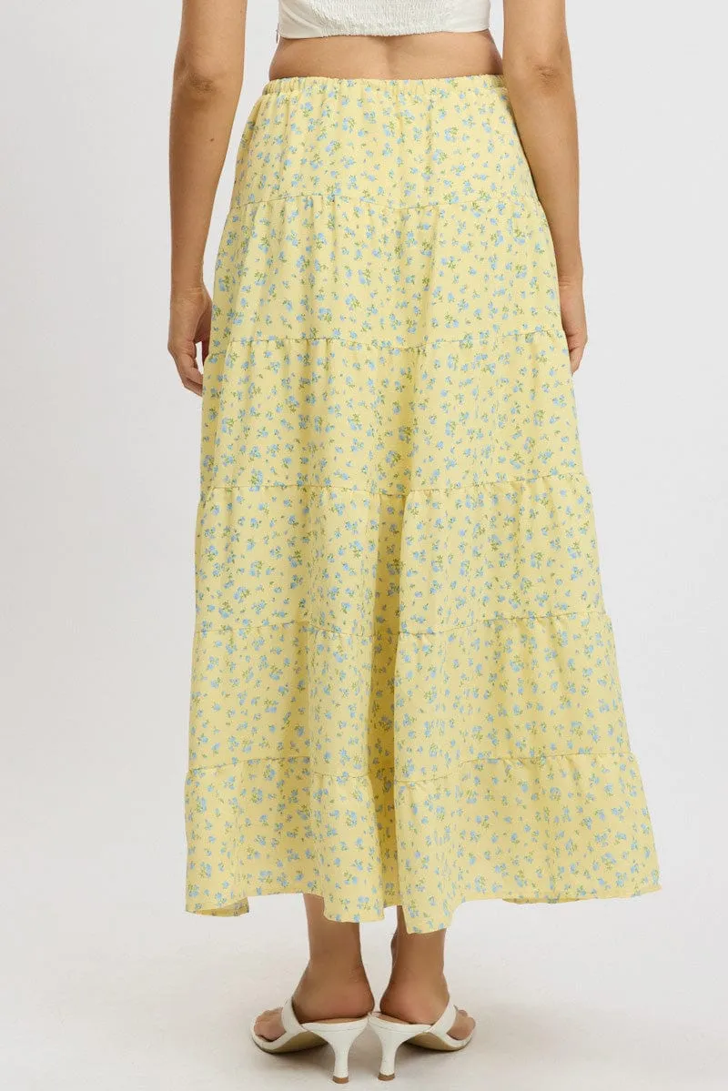 Yellow Ditsy Maxi Skirt Tiered High Rise