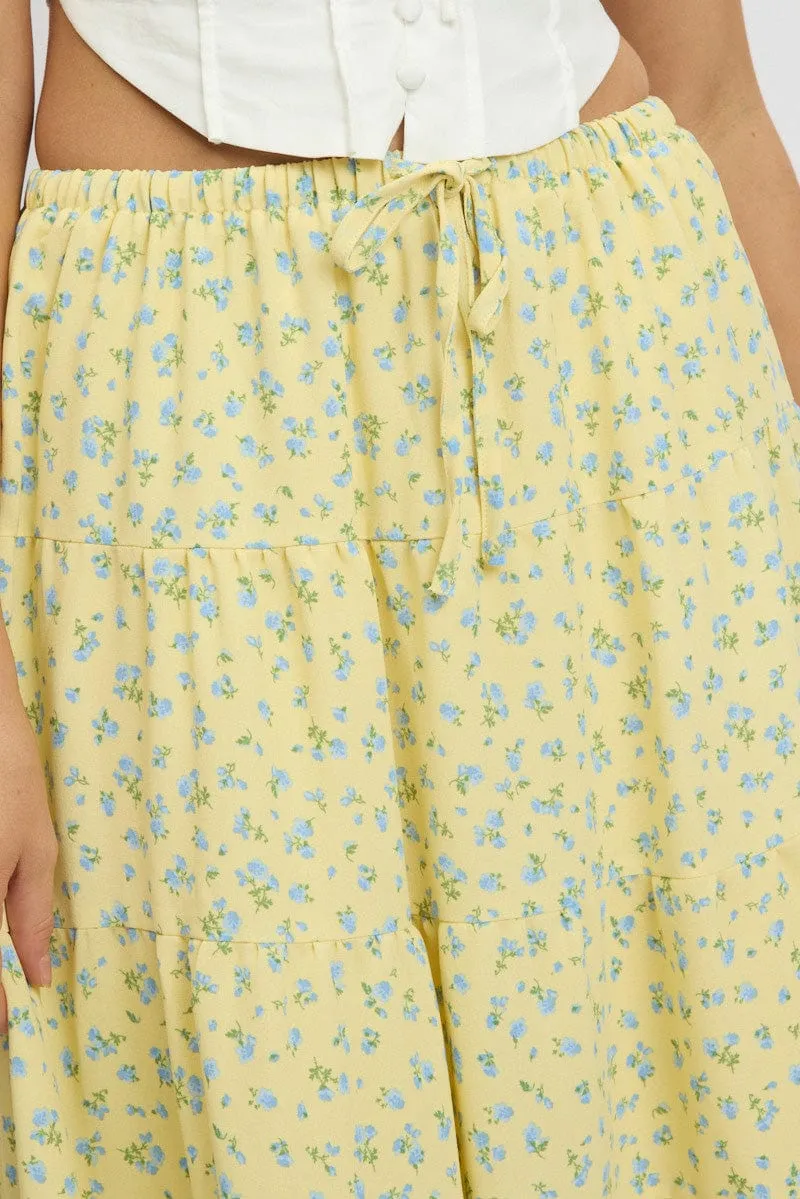 Yellow Ditsy Maxi Skirt Tiered High Rise